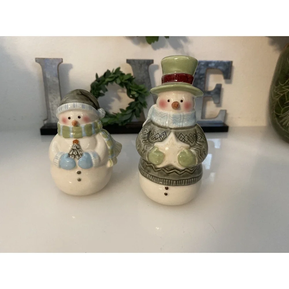 Snowman Salt Pepper Shaker with Caddy 3 pc Set 5.5